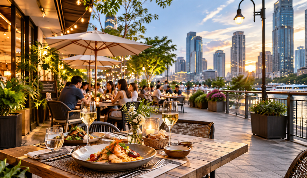 Golden-Hour Riverside Dining in the City
