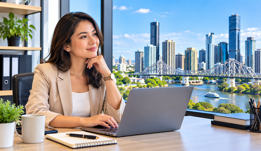 Modern Office with Brisbane Skyline