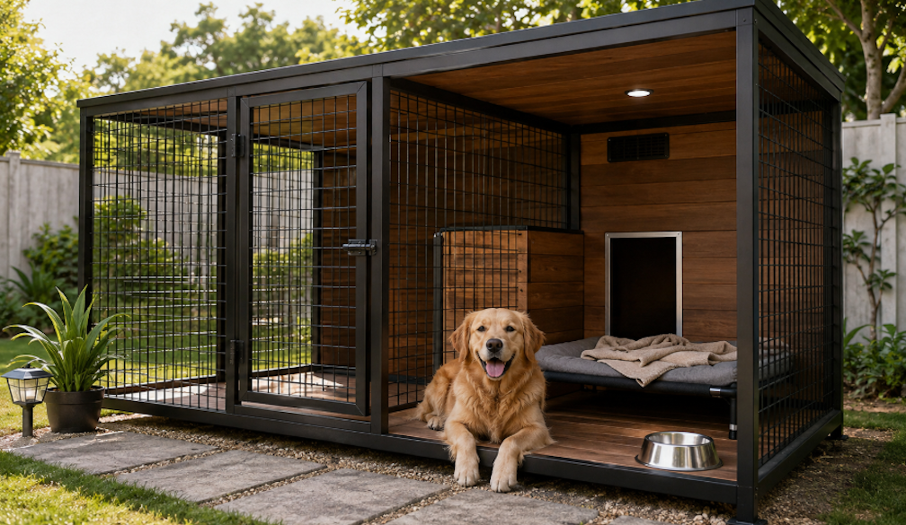 Happy Golden Retriever in a Backyard Kennel