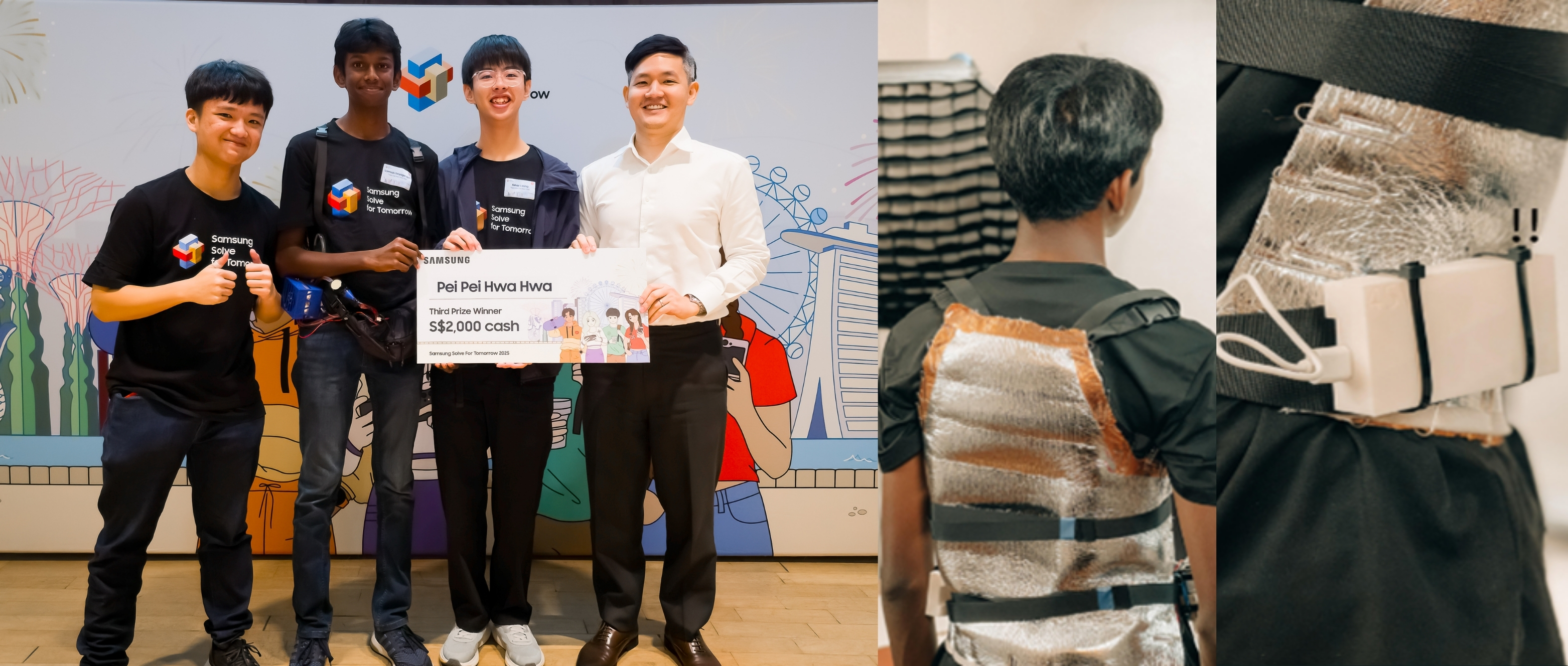 Team Pei Pei Hwa Hwa receiving their prize from Timothy Low, Chief Operating Officer, Tri-Sector Associates (left) and a prototype of their Ando Hypohidrosis Vest (right).