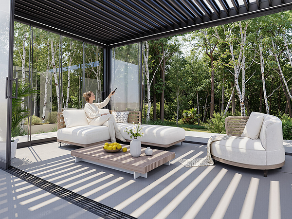 Motorised louvres - from shade to sun in seconds. Motorised louvres - from shade to sun in seconds.