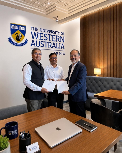 L–R: David Das, Chief Operating Officer, The University of Western Australia – India Operations; Sebi PK, Finance Head, SRM Technologies; and Kannan Natarajan, Global Head - EdTech & Public Sector Business, SRM Technologies; formalizing the partnership. L–R: David Das, Chief Operating Officer, The University of Western Australia – India Operations; Sebi PK, Finance Head, SRM Technologies; and Kannan Natarajan, Global Head - EdTech & Public Sector Business, SRM Technologies; formalizing the partnership.