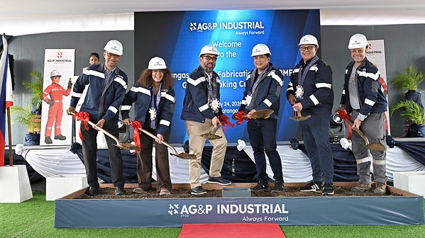 (L-R) Mr. Noel Nocon, VP HSE, ESG & Compliance, AG&P Industrial; Ms. Anupam Ahuja, Managing Director, AG&P Industrial; Mr. Roberto Juanchito Dispo, Chairman, AG&P Industrial; Hon. Roumel Aguila, Vice Mayor, Municipality of San Pascual, Batangas; Mr. Alex Gamboa, President & CEO, AG&P Industrial; and Mr. Sven Eikmeier, VP Supply Chain, Yard Management & Equipment Maintenance, at the groundbreaking ceremony of AG&P Industrial’s 85-hectare fabrication facility in San Pascual, Batangas