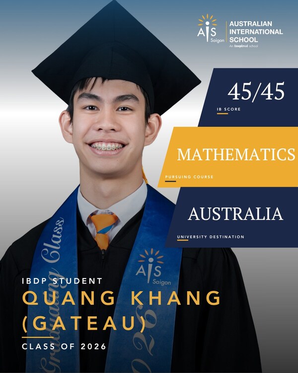 Quang Khang (Gateau) Dang achieved a perfect 45-point IB Diploma score, becoming the first Vietnamese student in AIS Saigon