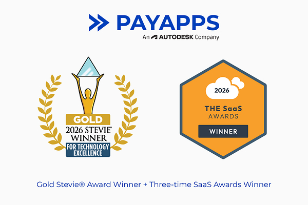 Payapps – An Autodesk Company has been recognised across the 2026 Stevie Awards for Technology Excellence and 2026 SaaS Awards, receiving a Gold Stevie® Award and three SaaS Awards wins. Payapps – An Autodesk Company has been recognised across the 2026 Stevie Awards for Technology Excellence and 2026 SaaS Awards, receiving a Gold Stevie® Award and three SaaS Awards wins.