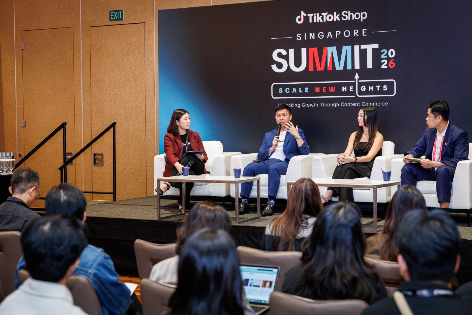 Left to right: Ms Nicole Ang (Communications Lead, TikTok Singapore), Mr Leon Koh (Fashion Cluster Lead & Head of Seller Management, TikTok Shop Singapore), Ms Winnie Ong (Founder and Creative Director, Young Hungry Free), Mr Nevin Soon (Second-Generation Coffee Manufacturer and Management Associate, Kim's Duet)