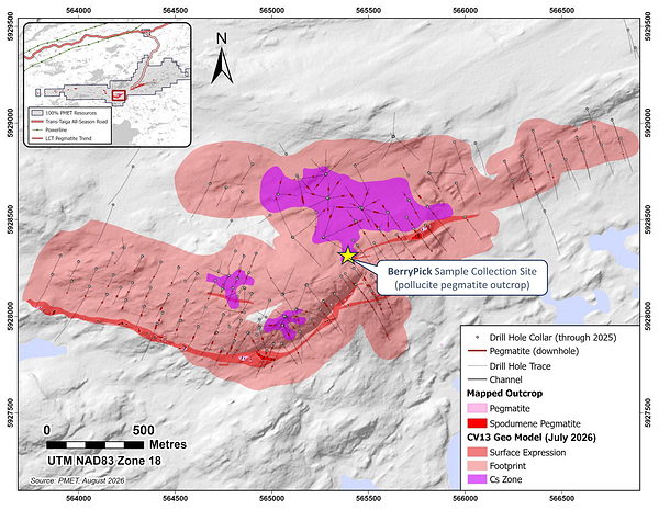 Figure 4: Principal pollucite pegmatite outcrop at the Vega Zone, CV13 Pegmatite (i.e., collection site for BerryPick).