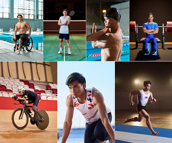 Global Team Toyota Athletes participating in the Aichi-Nagoya 2026 Asian Games and Asian Para Games. Top row (from left): Toh Wei Soong, Kunlavut Vitidsarn, Ernie Gawilan, Lê Văn Công; bottom row (from left): Muhammad Fadli Imamuddin, Muhammad Ammar Aiman Nor Azmi, Carlos Yulo.