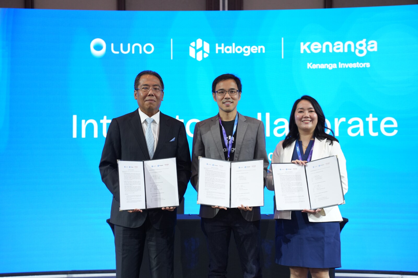 From left: Datuk Wira Ismitz Matthew De Alwis, Chief Executive Officer and Executive Director, Kenanga Investors Berhad; Hann Liew, Founder and CEO, Halogen Capital; and Scarlett Chai, Counter Manager (Malaysia), Luno at the announcement of the collaboration at Luno Institutional Digital Asset Conference (LIDAC) 2026.