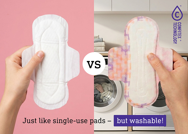 A single-use sanitary pad (left) compared with a Confitex Technology washable nonwoven reusable pad (right), which looks, feels and performs like a single-use pad but can be machine washed and tumble dried more than 30 times. A single-use sanitary pad (left) compared with a Confitex Technology washable nonwoven reusable pad (right), which looks, feels and performs like a single-use pad but can be machine washed and tumble dried more than 30 times.
