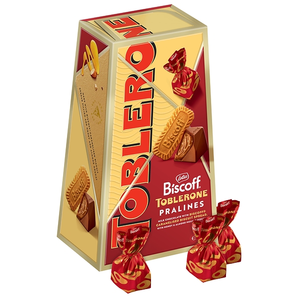 Toblerone Biscoff® Pralines are available in 176g and 44g formats. Toblerone Biscoff® Pralines are available in 176g and 44g formats.