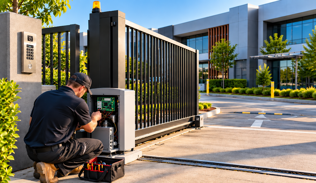 Technician Repairing Automated Gate